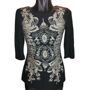 Terra Nostra Black Cropped Sleeve Top With Embroidered Front XS